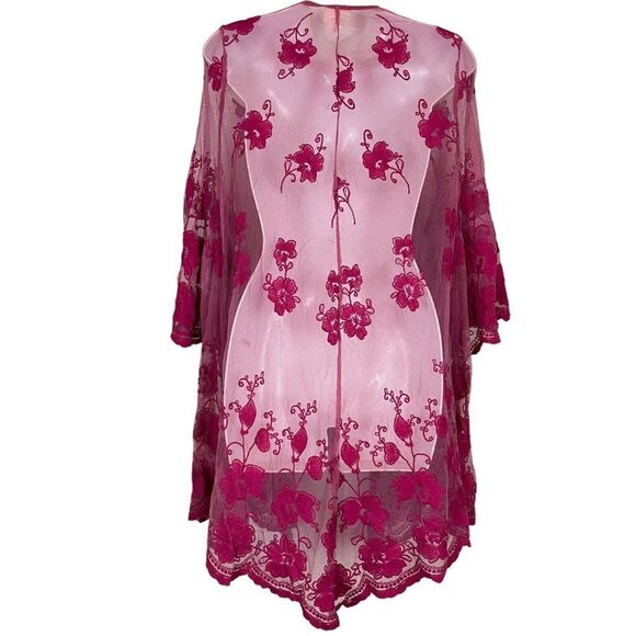 Dee Elly Pink Lace Embroidered Open Sheer Coverup Top Jacket Floral Fairy sz S - Picture 11 of 16